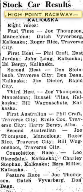 High Point Raceway - July 26 1967 Article On Race Results